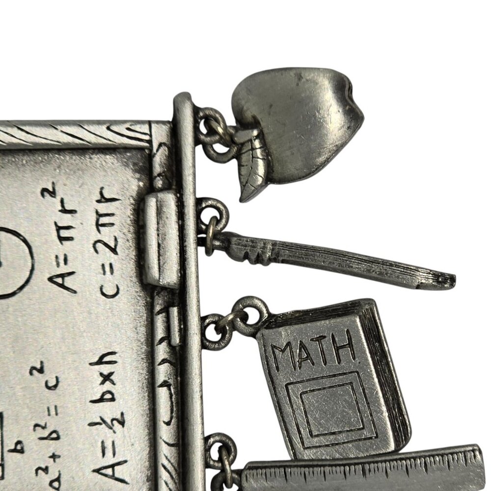 Vintage Teacher Math Brooch Pewter Dangle Charms Book Ruler Calculator - Picture 3 of 9
